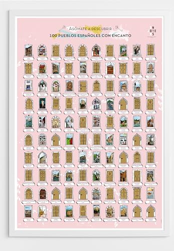 ENJOYERS - Lamina para Rascar 100 Pueblos de España con Encanto. Lamina Rascable Decorativa 65x45 cm. Mapa Poster para Pared Ilustrado a Mano. Lamina Viajes Regalo. Con marco de madera blanco.