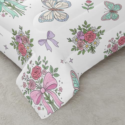 Image of AILONEN Queen Pastel Butterfly Comforter Set, Floral Bouquet Bow Bedding, Mint Rose Garden Decor, Lightweight Cozy Microfiber Luxury Guest Master Bedroom