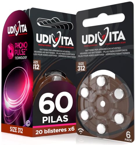 60 Pilas para Audífonos Tamaño 312 Marrones PR41 Udivita Zinc Aire Tensión Estable Larga Duración Compatibles con Todos los Dispositivos – 10 Blister de 6 Pilas