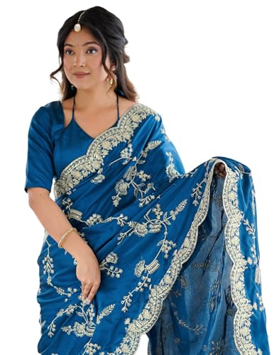 Image of SIRIL Women's Satin Embroidery And Scalloped Border Saree With Unstitched Blouse Piece