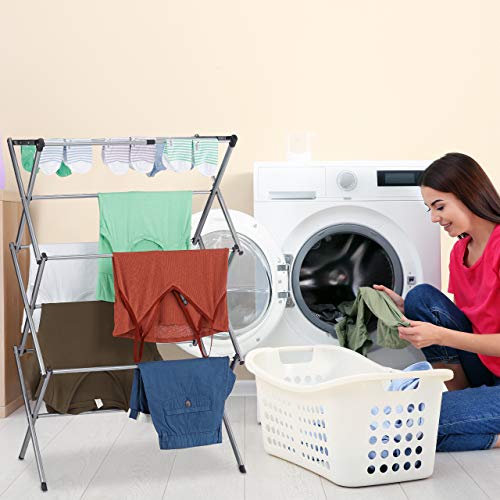 Étendoir lessive extensible en métal gris doté de 11 tiges de séchage