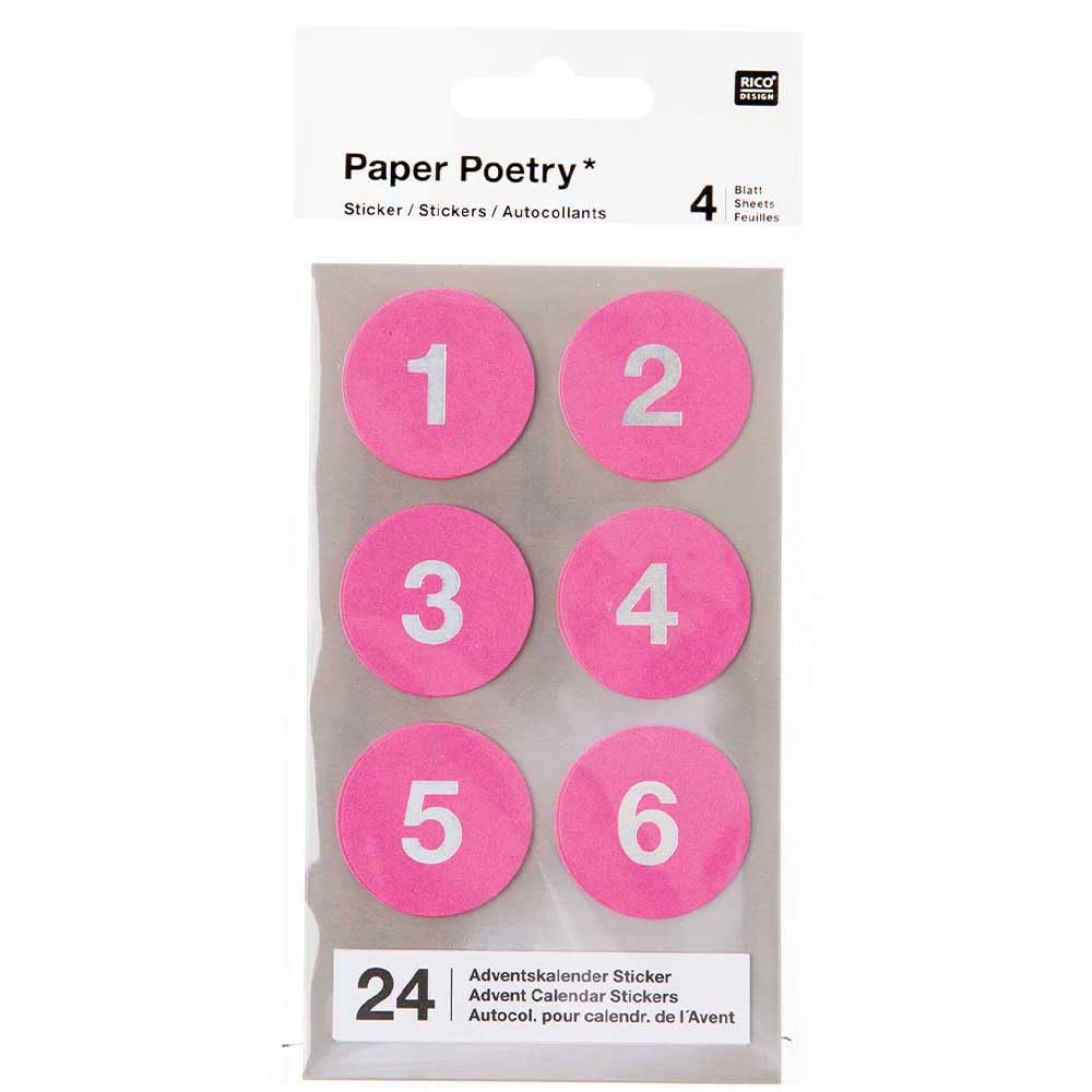 Crafty Capers Bright Pink - Silver Numbers Bright Pink | 24 Advent Calendar Stickers | Silver Foil Numbers | 3Cm Wide