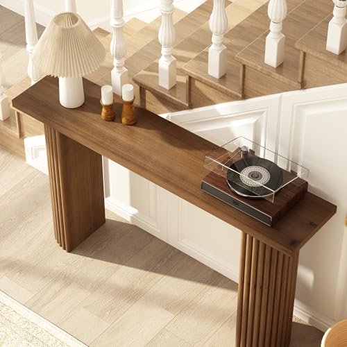 Image of Fluted Solid Wood Console Table - 55 Inches Mid Century Modern Foyer Table, Entryway Hallway Minimalist Sofa Table, Half Round Legs