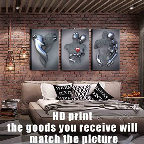 Framed Wall Art For Bedroom 3D Metal Effect Love Heart Couple Wall Art Decor For Living Room 3 Pieces Modern Abstract Grey Black And White Canvas Prints Poster Pictures Paintings For Wall Decorations #TOP4