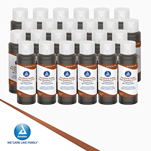 Image of Dynarex Povidone-Iodine Prep Solution, Antiseptic Solution for Skin and Mucosa, Ideal for Surgical Site Preparation, Contains Povidone Iodine 10%,1 Case of 48 4 fl. oz. Povidone-Iodine Bottles