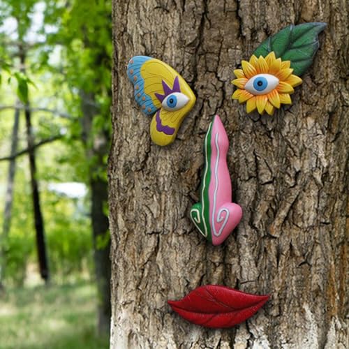 Décor de visages d'arbre en résine imperméable et art coloré de jardin facile à installer