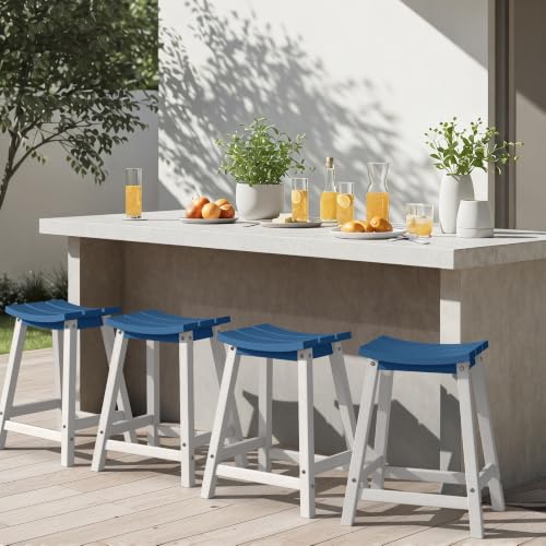 Image of Ciokea 2 Set 24 inch Outdoor Bar Stools Heavy Duty HDPE Counter Height Bar Stools Weatherproof Patio Seats Modern Waterproof BarStools for Bar Deck Balcony Counter Yard, White and Navy Blue