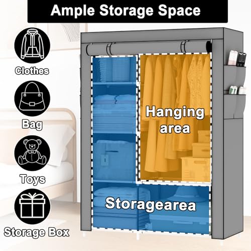 Image of OPPAIYA Canvas Wardrobe, Pop up wardrobe, Fabric Wardrobes Shelves with Hanging Rail, 105 x 45 x 165 cm, Great temporary wardrobe for bedrooms