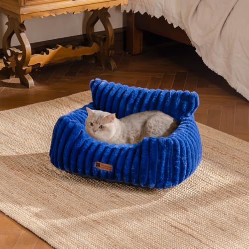 MEWOOFUN Hundesofabett - Katzenbetten für Hauskatzen Weich und Flauschig, Katzensofabett Kleines Hundebett für Hunde und Katzen, Beruhigendes Hundebett (Marineblau, 61x48x30cm)