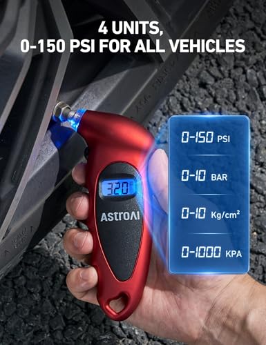 Image of AstroAI Digital Tire Pressure Gauge, Industrial Tire Gauge Calibrated to ANSI B40.7 + /-1PSI, AAA Batteries, for Light Trucks, Pickup Trucks, SUVs, Cars, Red, 2Pack