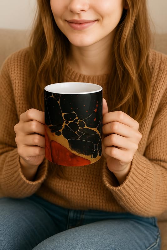 Image of Black Red Marble Ceramic Mug with Matching Keychain | 350 ML Coffee Mug Gift Combo | Elegant Designer Mug