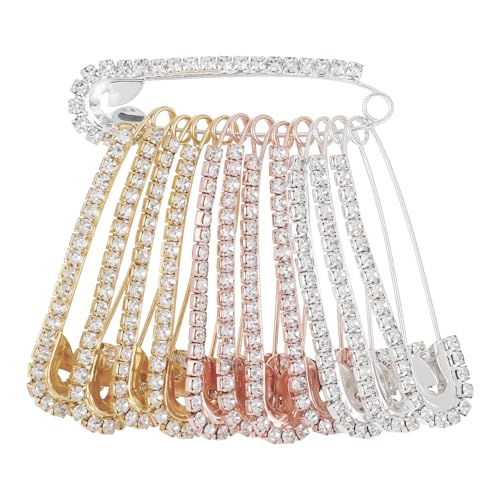 12 PCS Fancy Safety Pins, Rhinestone Gold and Sliver Safety Pins Large, Decorative Brooch Pins for Clothing, Women Crystal Brooch Pin for Clothes Hats Shawl