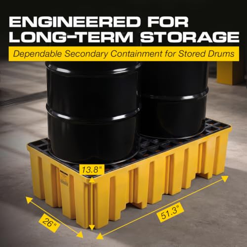 Image of Eagle 2 Drum Spill Containment Pallet with Forklift Pockets, 51.5 inchx26.25 inchx13.75 inch, 66 Gallon Sump, 4,000 lbs. Load Capacity Secondary Containment Pallet, Made in USA, Yellow, 1620