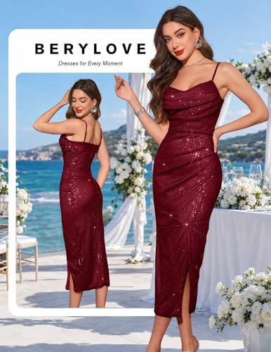 Image of BeryLove Summer Sequin Cocktail Prom Wedding Guest Dresses Sparkly Party Evening Formal Spaghetti Strap Dress