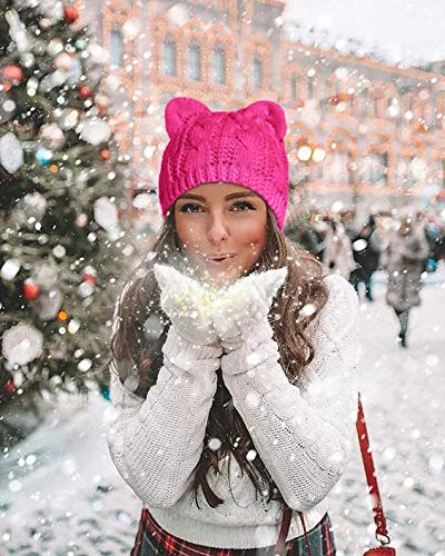 V28 Hand Made Fashion Women Boy Girl Crochet Knit Winter Cat Ear Caps Xmas Hats (Medium, Cat Ear Rose) #TOP3