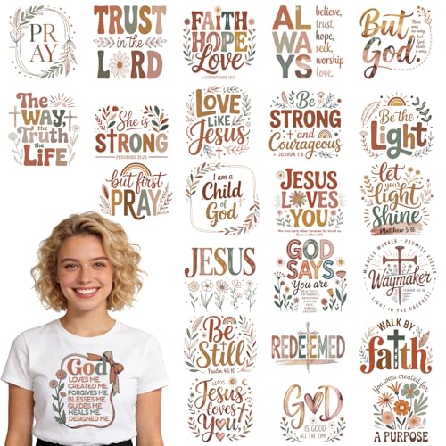 Dazoratix Christian Iron on Transfers - 24 Sheets Boho Bible Verse DTF Transfers Ready to Press Religious Heat Patches Retro Floral Faith Decals Vinyl Stickers for T Shirts Clothes Pillow DIY Crafts