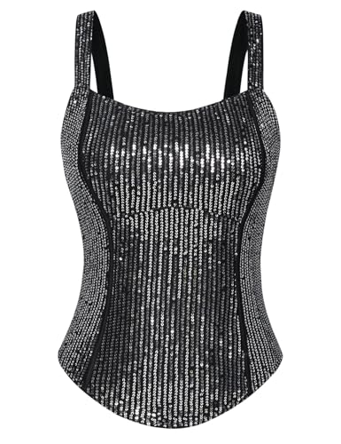 Women Bustier Corset Top Sequin Sexy Slim Tank Top Black Silver Summer Sleeveless Party Square Neck XL