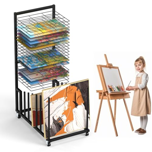 Image of jxgzyy Art Storage Rack 2 in 1 Metal Canvas Storage Racks with Wheels Art Drying Rack with 20 Removable Shelves 1 inch Apart Painting Display Stand for Canvas Drawing Board Artworks Drying