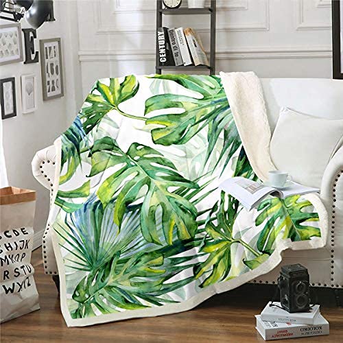 Homewish tropischer Sherpa Decken, botanisches Palmblatt-Dschungel-Design 150x200, grüner Fuzzy-Flanell für Kinder & Erwachsene Raumdeko