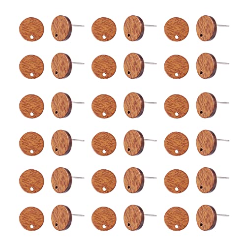 Pandahall 50pcs Walnut Wood Flat Round Earring Stud 10mm Natural Wooden Earring Stud with 316 Stainless Steel Findings for DIY Earrings Making, Hole: 1.6mm