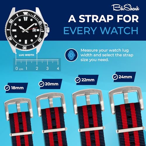Image of BluShark - Original Collection Military-Style Waterproof Watch Strap, Fits All Timepiece Brands, Durable Nylon Wristwatch Accessories with Stainless Steel Buckle - 18mm, 20mm, 22mm & 24mm Watch Bands