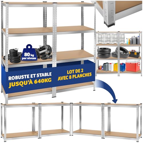 tectake® Lot de 2 Étagère Garage Étagère Charge Lourde Meuble de Rangement modulable en métal 8 tablettes 160x160x40 cm Max. 640 kg pour Rangement Outils...