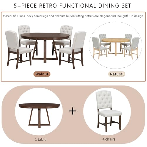 Image of Bellemave 5-Piece Dining Table Set, Extendable Round Dining Table with 16 inch Removable Leaf, 4 Upholstered Button Tufted Chairs, Acacia Veneer Tabletop (Walnut)