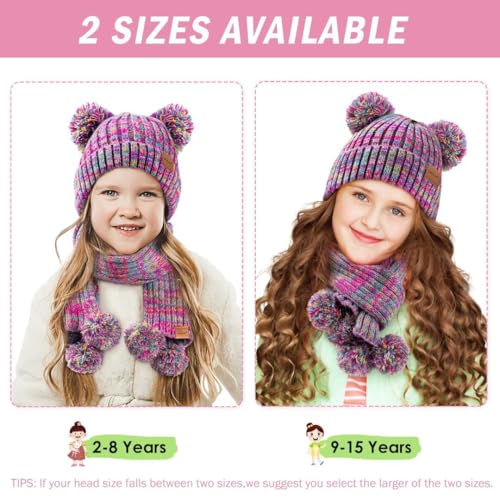 Kids Winter Hat Gloves Scarf Set, Girls Toddler Children Beanie with Pom Knit Neck Warmer Gaiter Mittens Fleece Lined Set（Rainbow Mix）2
