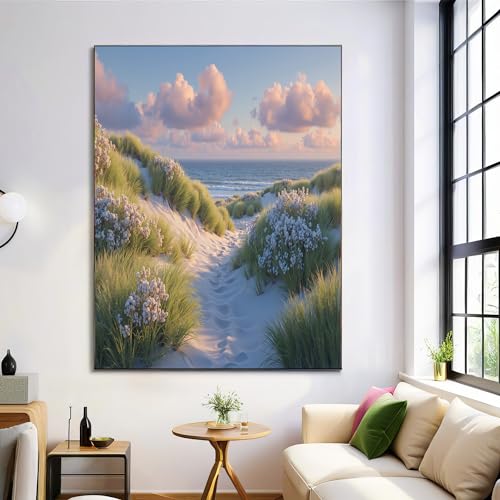 Art mural herbe verte de plage en toile pour rechauffer un mur blanc de salon