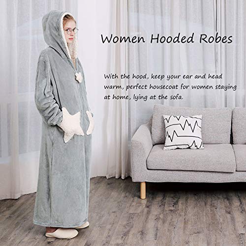 Hellomamma Womens Robe Hooded Zipper Flannel Bathrobes Housecoat Ladies Plush Fleece Warm Sleepwear Long Pajamas Nightgown #TOP1