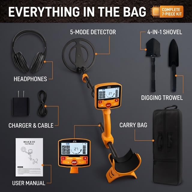 Image of BoJa&Co Metal Detector for Adults, Waterproof 9 inch Coil with 5 Search Modes, LCD Display & Rechargeable Battery, Complete kit with Headphones, Carry Bag & Shovel.