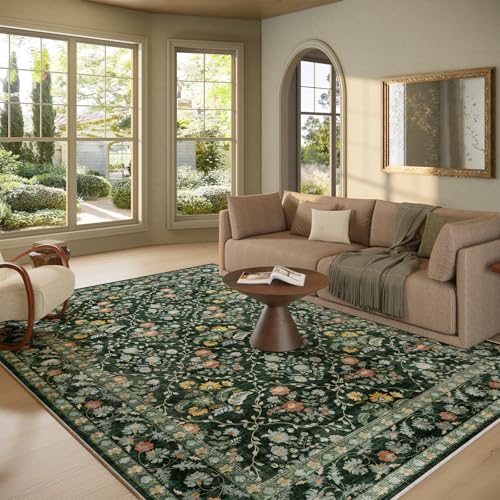 Image of Vintage Botanical Dark Green Area Rug 8x10 Elegant Floral Pattern, Durable Stain-Resistant Fabric, Perfect for Living Room, Bedroom, Dining Room Decor