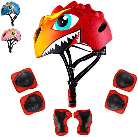 Toddler Helmet Kids Bike Helmet for 2 3 4 5 6 7 8 Years Old Boys Girls Kids with 3D Dinosaur Design Protective Gear Set and Safety Certified, Bike Cycling Skating Skateboard Scooter Helmet (Red)