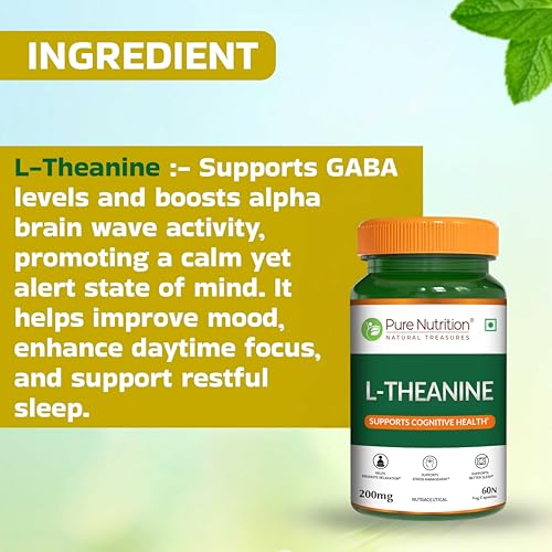 Image of Pure Nutrition L-Theanine 200mg - 60 Veg Capsules | L Theanine Supplement | Supports Stress Relief, Anxiety Reduction & Cognitive Health | Promotes Relaxation & Brain Function