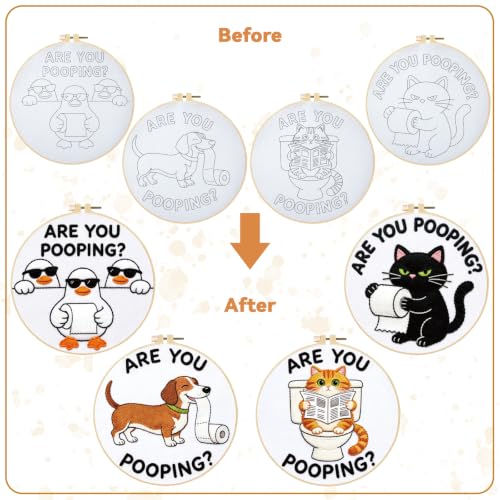 Image of BEUNITONE 4 Pack Beginner Embroidery Kit for Adults, Funny Animal Pre-Stamped Pattern Needlepoint Kits with Hoop, Tools & Instruction, 7.9 inchx7.9 inch Hand Embroidery Kits for Fabric and Home Decor