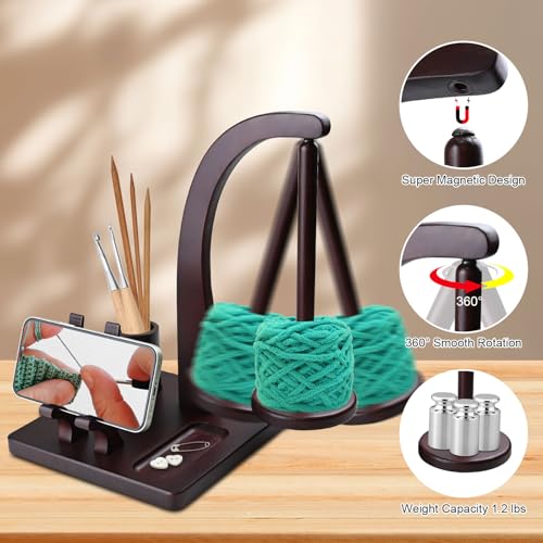 Image of Magnetic Yarn Holder for Knitting and Crocheting, Wooden Yarn Spool Rack with Phone Stand and Crochet Accessories Storage, Anti-Slip Pads, Yarn Ball Holder Spinner for Crocheters Knitting Lovers
