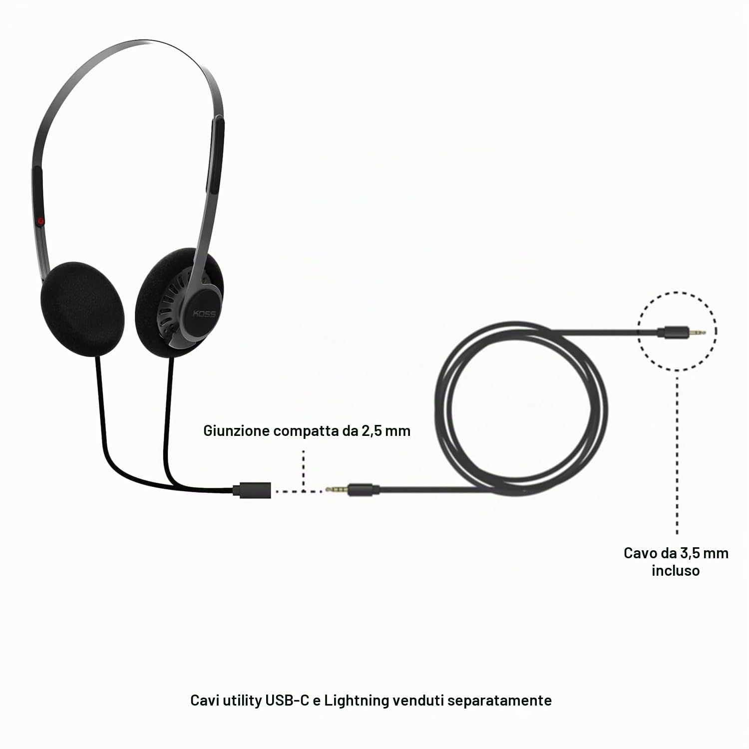 Koss KPH40 - Cuffie on-ear utili, sistema di cavi intercambiabili staccabili, stile retrò, design ultra leggero (nero invisibile)