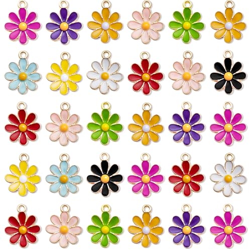 WELANE Enamel Daisy Flower Charms, 50 PCS Alloy Sunflower Pendants for Jewelry Making, DIY Crafts (10 Colors)