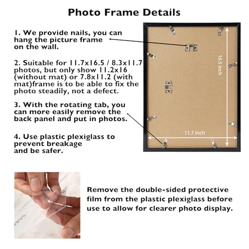 Image of JCJMY 11.7x16.5 A3 Picture Frame Black with 8.3x11.7 A4 Mat, Display Photo 8.3x11.7 with Mat or 11.7 x 16.5 Without Mat, Wall Hanging Large Frame with Plexiglass, Black