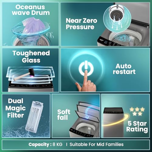 Image of Haier 8 kg 5 Star Oceanus Wave Drum Washing Machine Fully Automatic Top Load (‎ETL80-HBFS5NZP,Brown Grey)