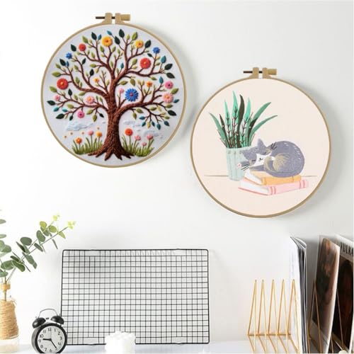 Image of Esffaci Embroidery Starter Kit for Adult Beginner with Colorful Flower Tree Pattern Hand Embroidery Set with Cloth Hoop Needle Threader Floss and Instruction