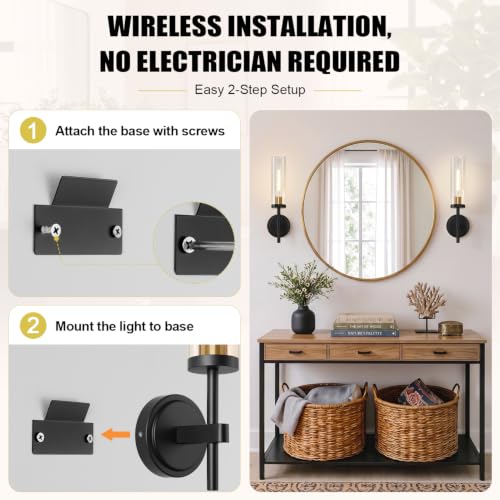 Image of Battery Operated Wall Sconce Set of 2,Black and Gold Wireless Rechargeable Wall Lighting Fixtures with Remote Control,Dimmable Wall Light for Bathroom ,Vanity, Living Room, Bedroom, Hallway, Stairway