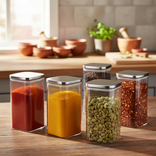 Image of ginoya brothers Airtight Borosilicate Glass Square Jar With Wooden Or Steel Lid Multi-Size, Container for Spices, Coffee, Grains, Snacks & Kitchen Organization (4, STEEL LID, 420 ML)