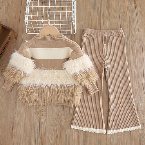 BILIKEYU Toddler Girl Clothes Fuzzy Striped Long Sleeve Sweater Top and Elastic Waist Flare Wide Leg Pants Fall4