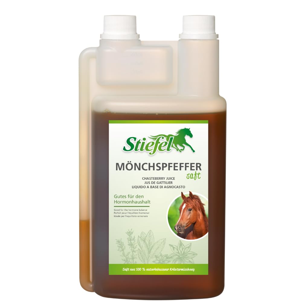 Stiefel Jus de poivre moine pour chevaux à partir d'un mélange d'herbes 100 % naturel, pour un soutien nutritionnel dans des phases particulières de la vie, flacon doseur 1 l