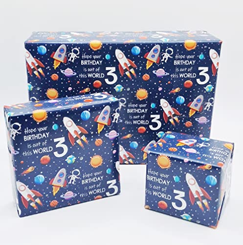 2 Sheets 3rd Birthday Space Theme Boy Wrapping Paper Age 3 Cute Fun Planets Rockets Design Birthday Giftwrap Male Blue (PA)
