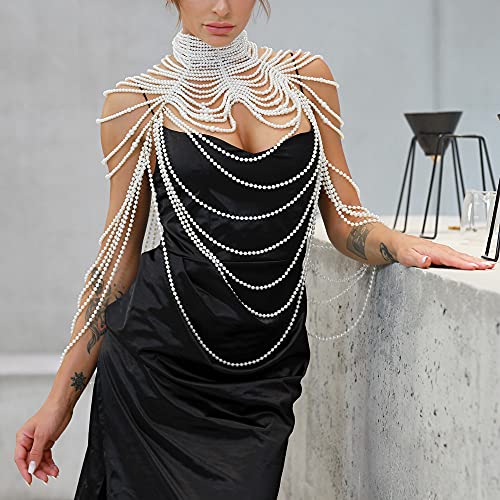 Ccbodily Pearl Body Chain Bra - Fashion Shoulder Necklaces Bra Chain Body Jewelry(F-White) #TOP4