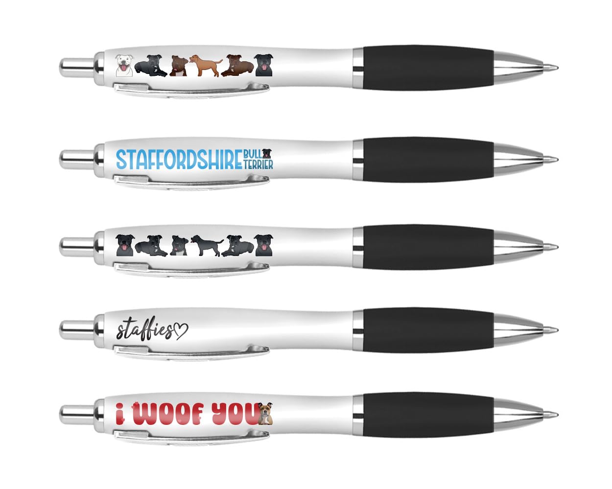 DV DESIGN 5 x Staffy Black Pens - Staffordshire Bull Terrier Dogs Pets Puppy Animal Stationary Teacher Friend Girls Boys Birthday Set #81315
