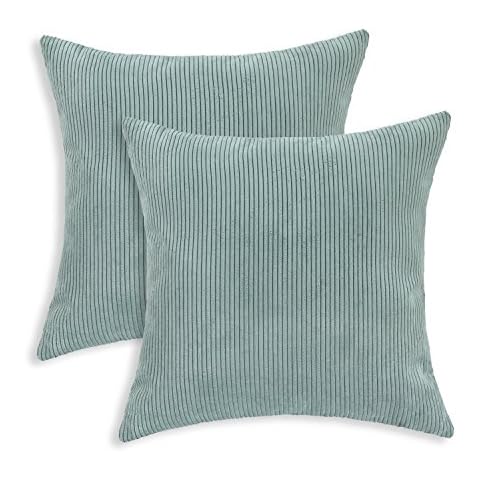 CaliTime Throw Pillow Covers Pack of 2 Ultra Soft Solid Color Corduroy Striped Decorative Cushion Cases for Couch Bed Sofa 18 X 18 Inches Duck Egg Cover
