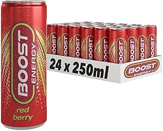 Boost Energy Drink Red Berry Flavour, 250ml x 24 pack, Vegan Friendly Great Tasting Energy Boost, Less than 60 kcals, Taurine Carbonated Drink with Added B Vitamins and Caffeine